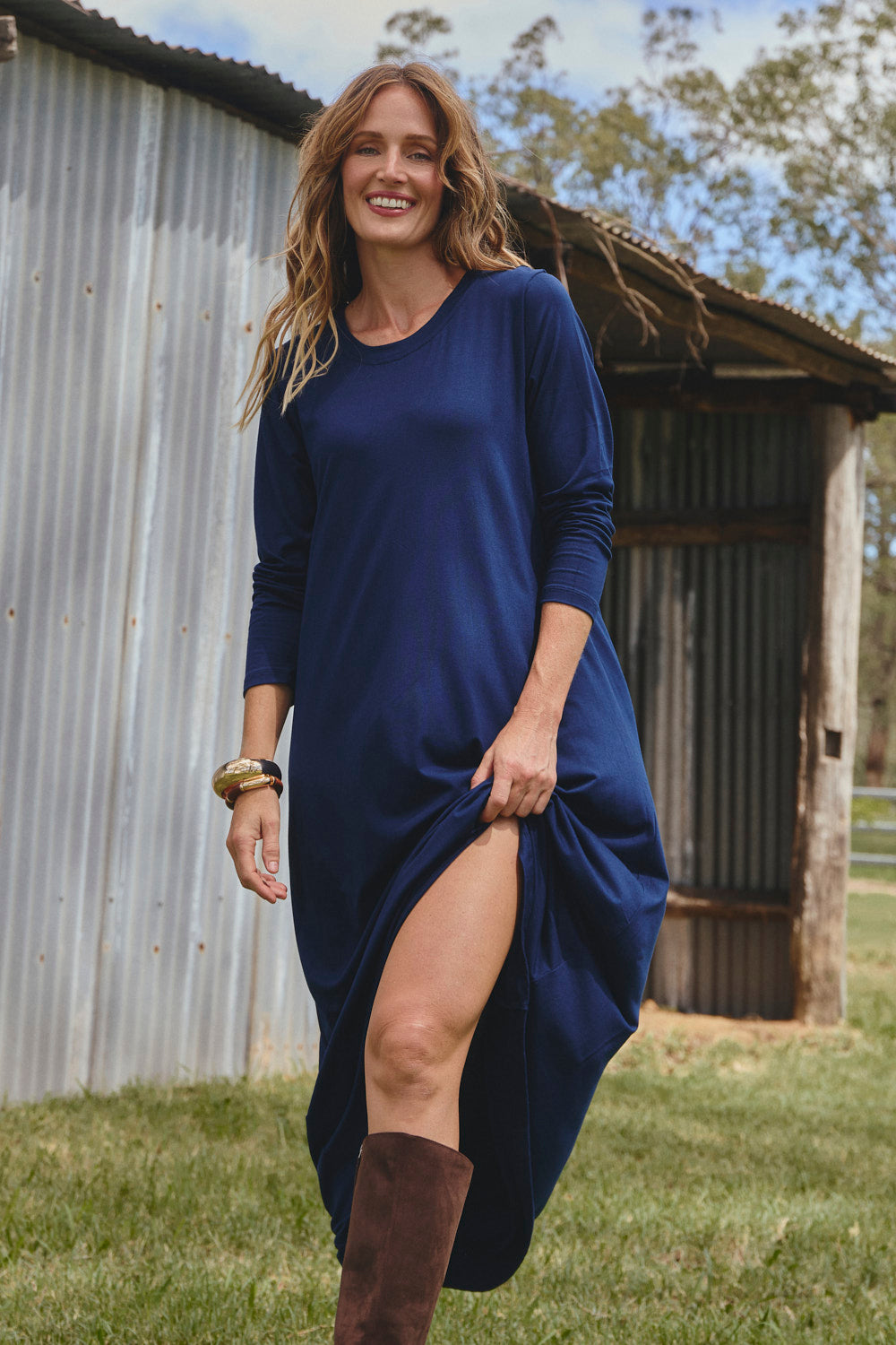 Long Sleeve Swing Dress in Navy, classic Adrift swing silhouette, Adrift Clothing