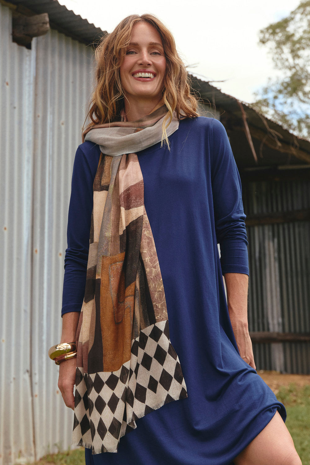 Long Sleeve Swing Dress in Navy, reliable everyday dressing in comfortable stretch, Adrift