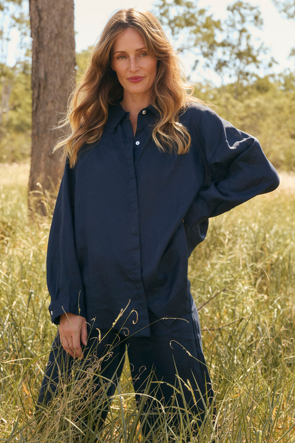 Oversized Linen Boyfriend Shirt in Navy styled for effortless everyday wear, Adrift Clothing