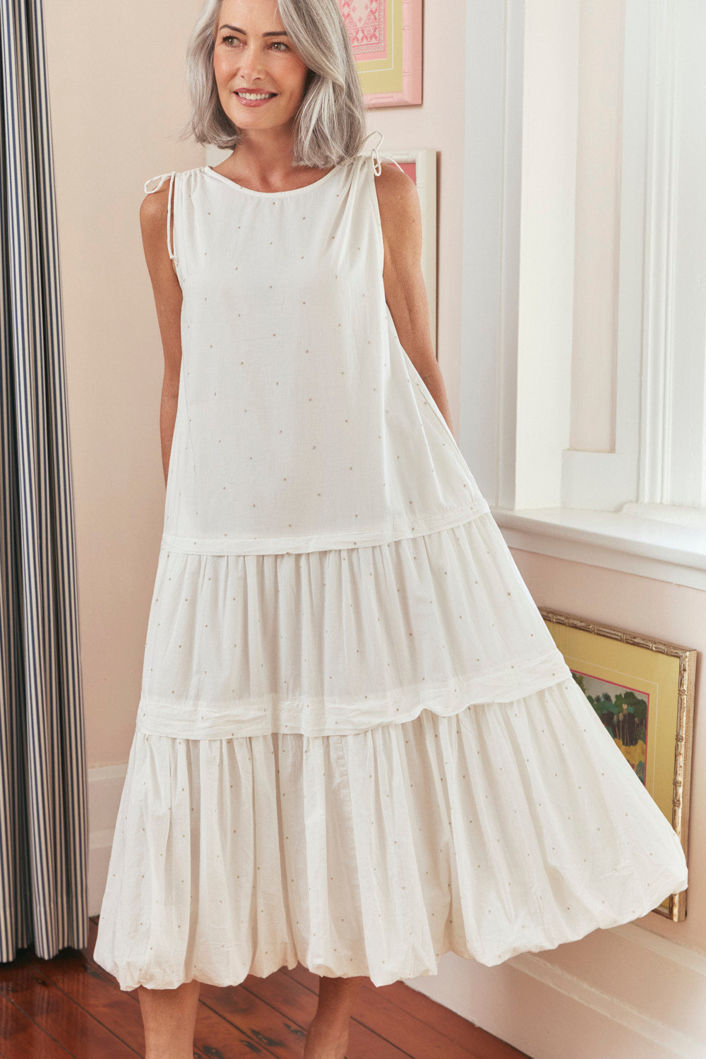 Millie Reversible Bubble Hem Dress in White Aurum