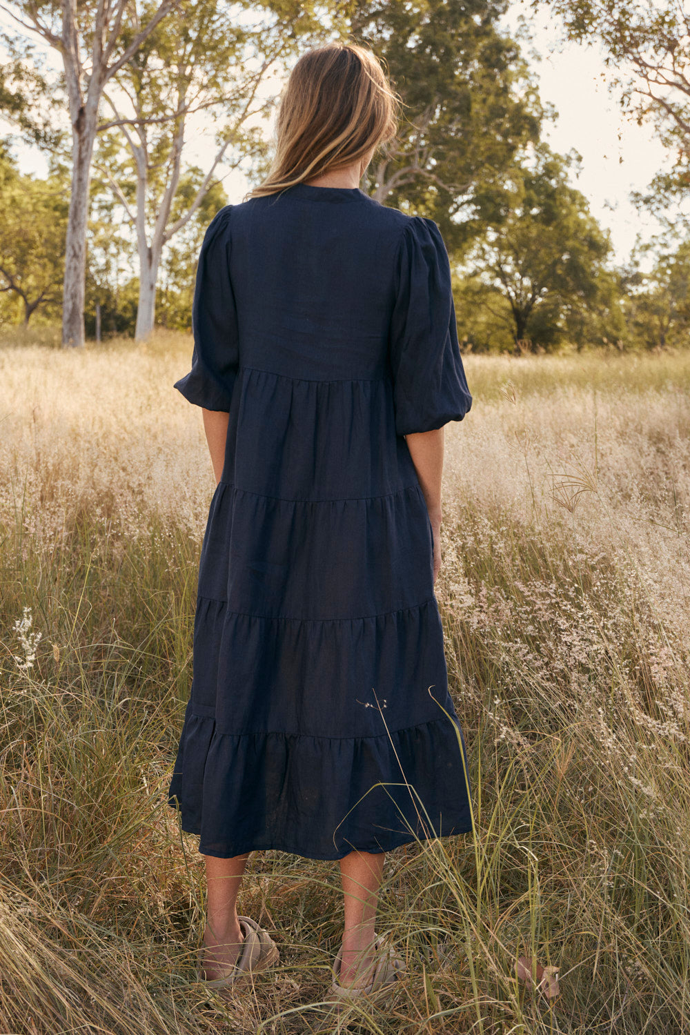 Sabre Linen V-Neck Dress in Navy in breathable 100% linen, designed in Brisbane Australia
