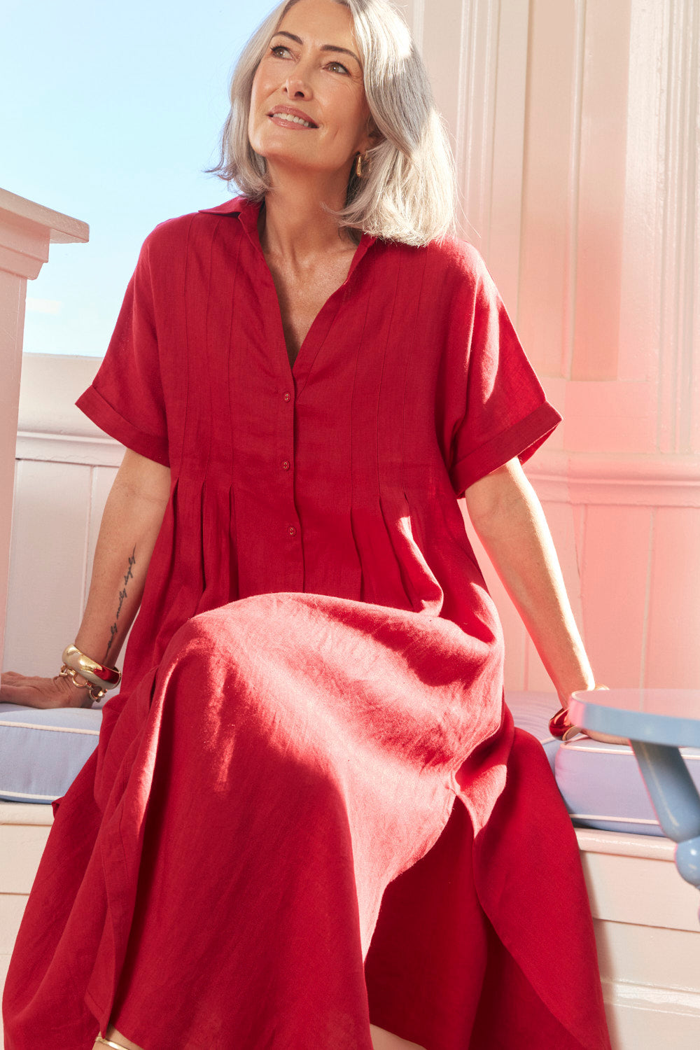 Bridget Linen Pleated Dress in Chilli