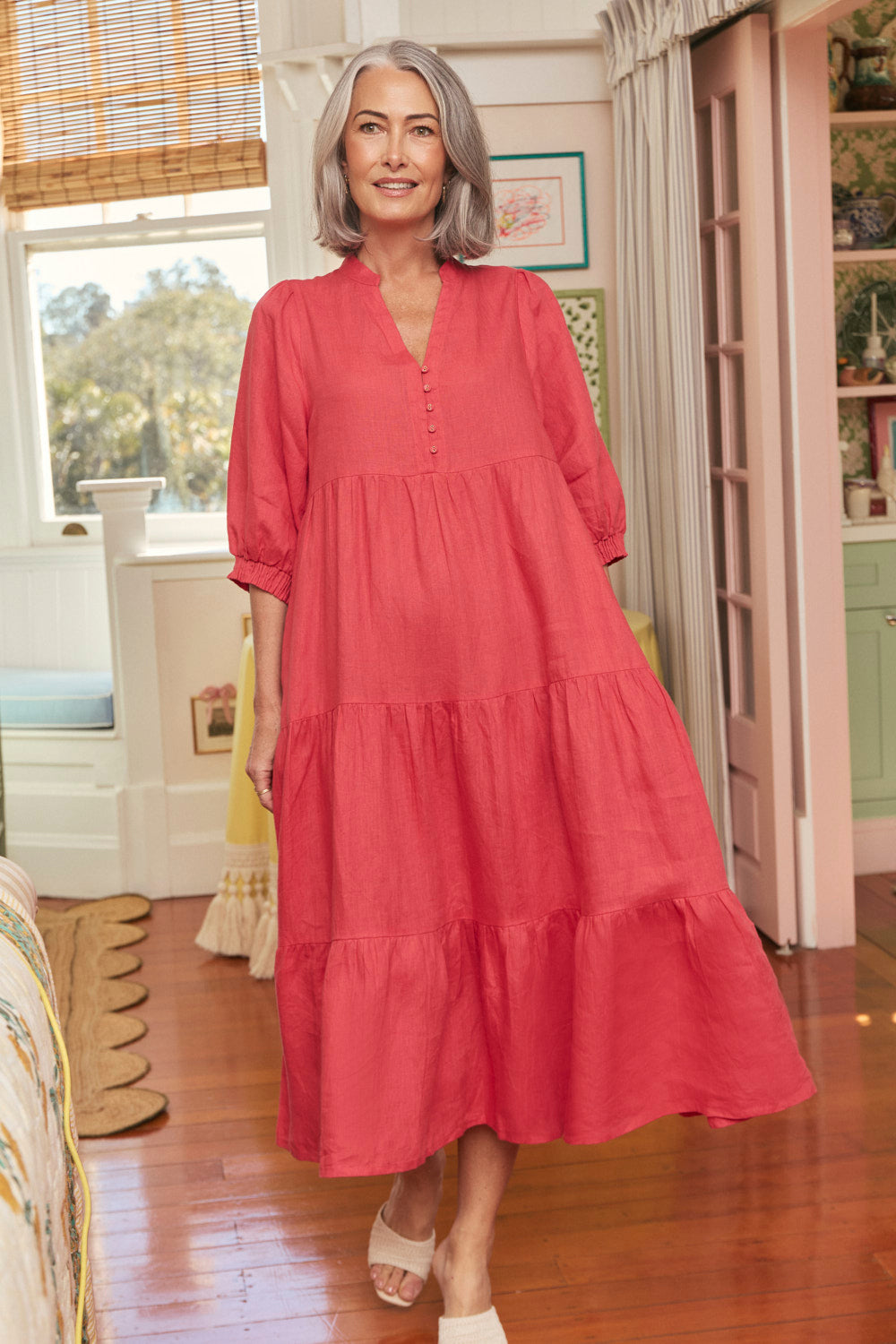 Sienna Linen Tiered Dress in Cranberry