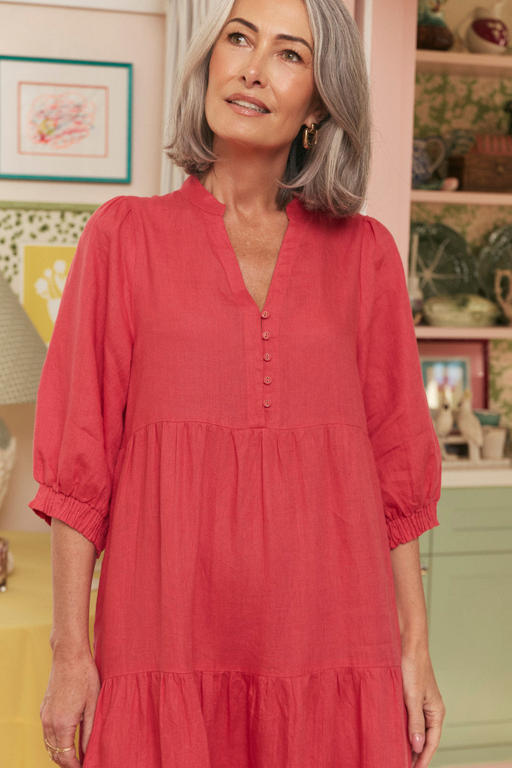 Sienna Linen Tiered Dress in Cranberry