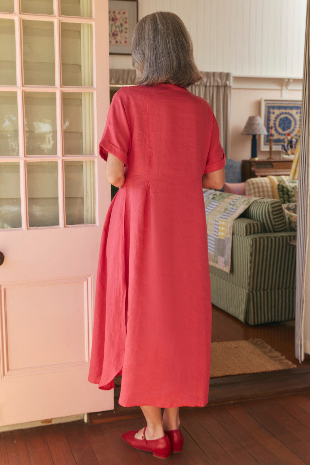 Bridget Linen Pleated Dress in Cranberry