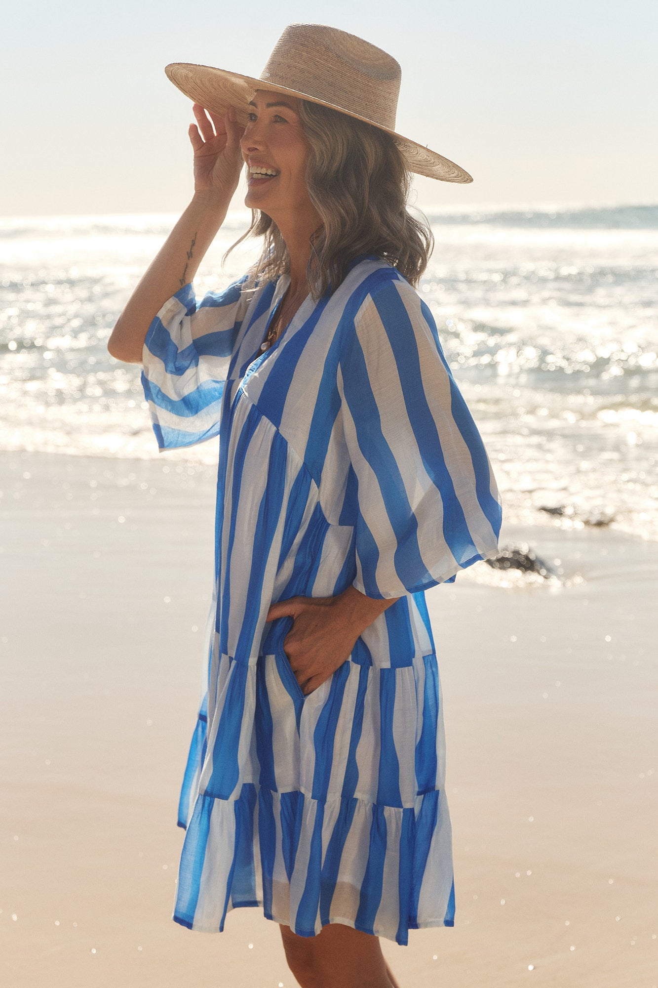 Mable Cotton Silk Bell Sleeve Dress in Yacht Club