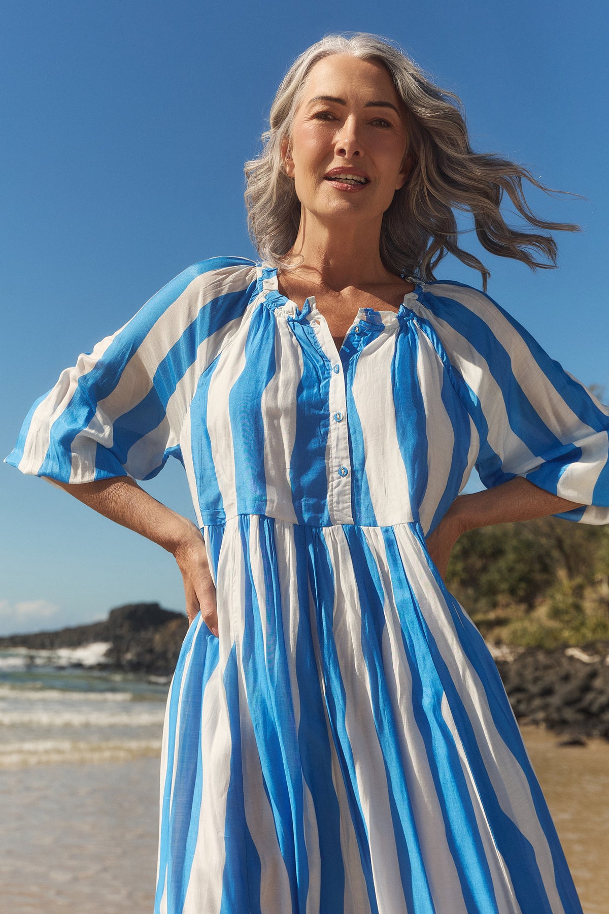 Freya Cotton Silk Reversible Billow Dress in Yacht Club