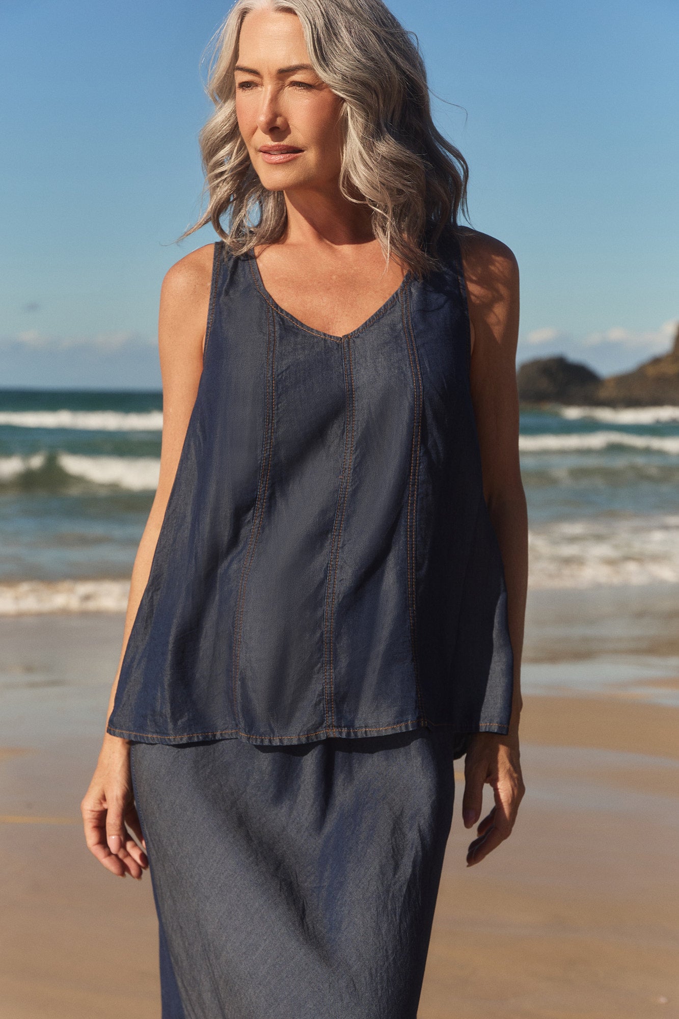 Sadie Tencel Denim Swing Top in Dark Wash
