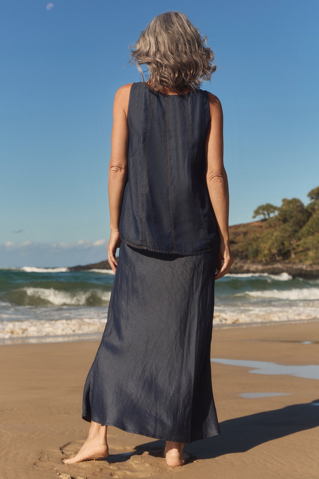 Katie Tencel Denim Bias Cut Skirt in Dark Wash