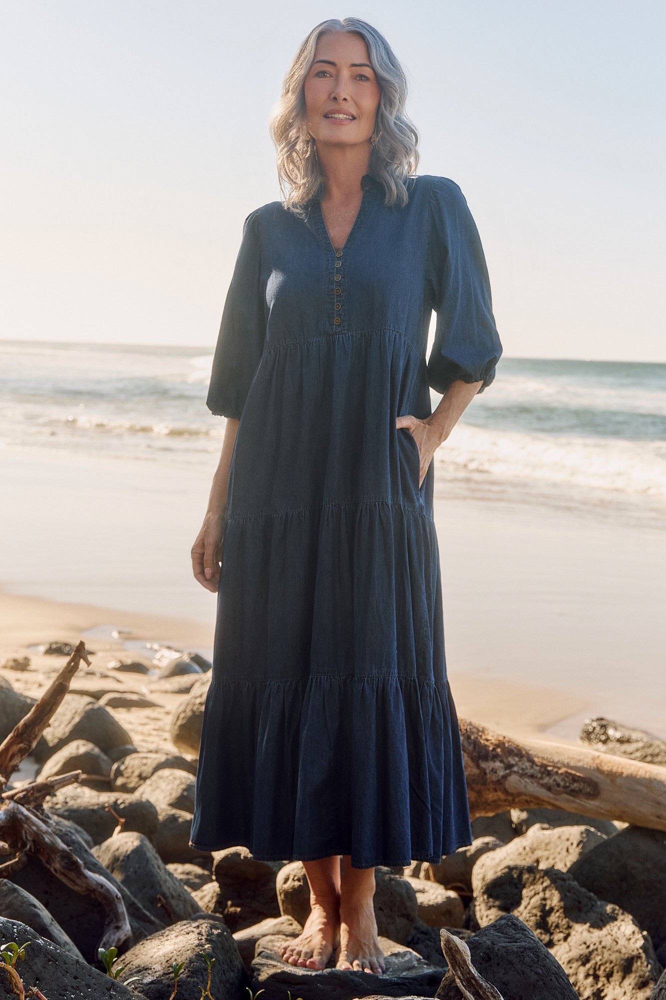 Sienna Chambray Billow Dress in Dark Wash