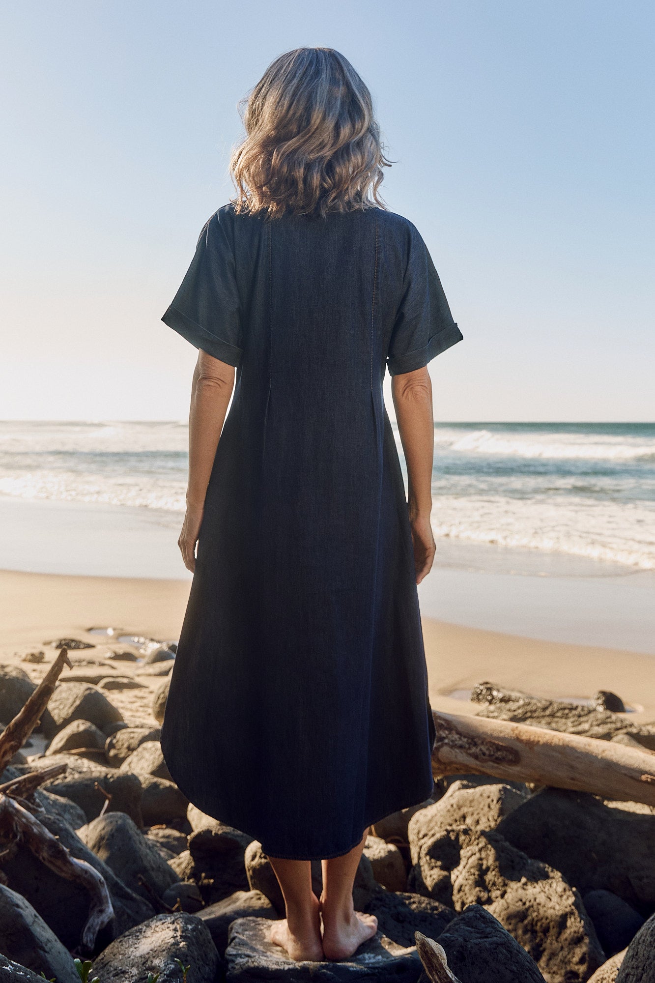 Bridget Chambray Pleated Dress in Dark Wash