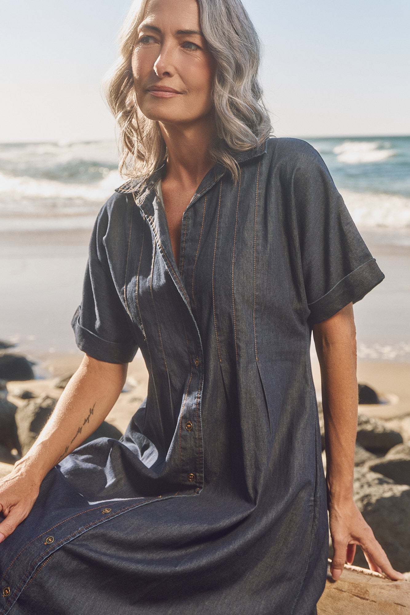 Bridget Chambray Pleated Dress in Dark Wash
