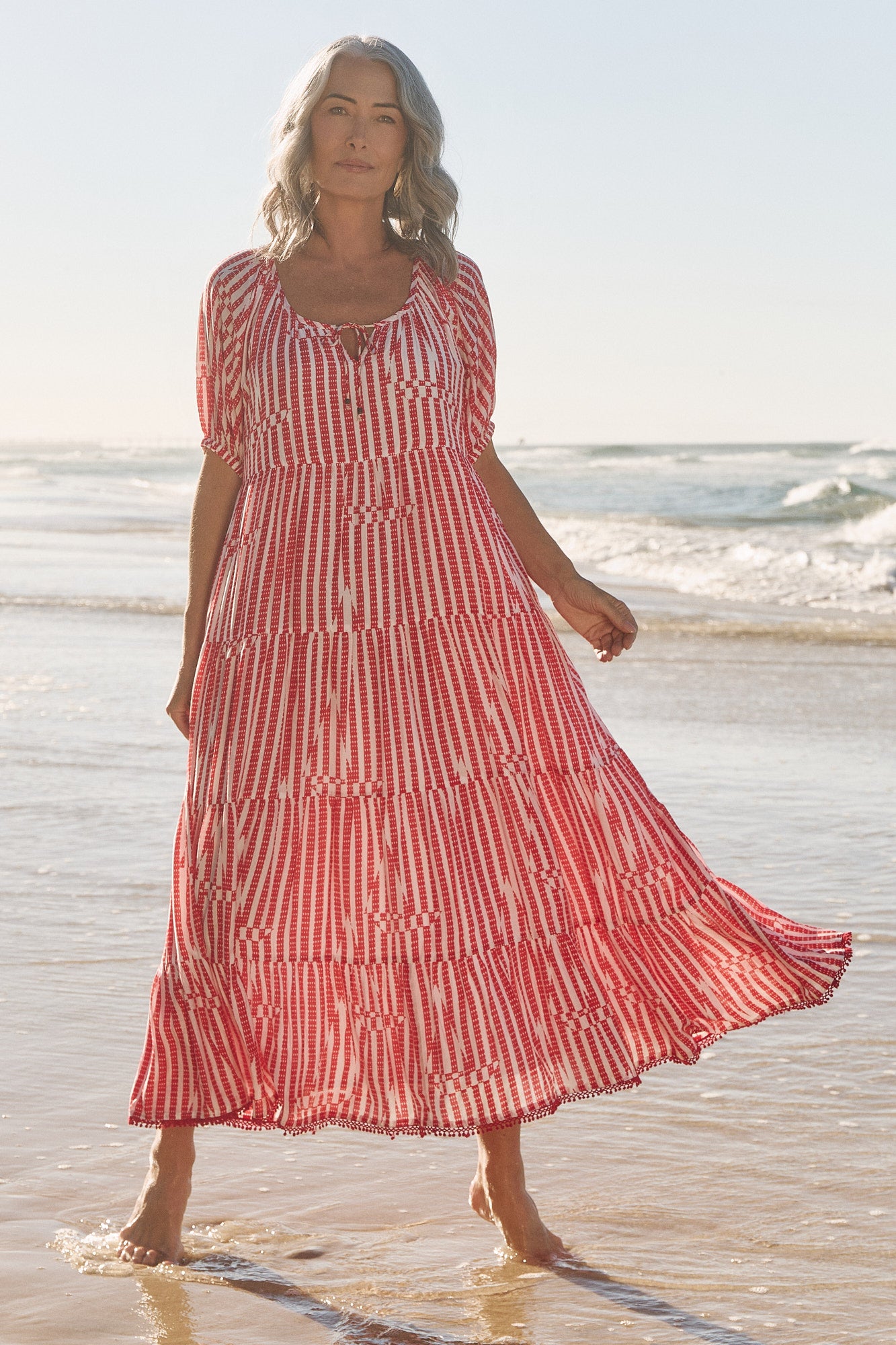 Layla Cotton Silk Tiered Dress in Boat Stripe