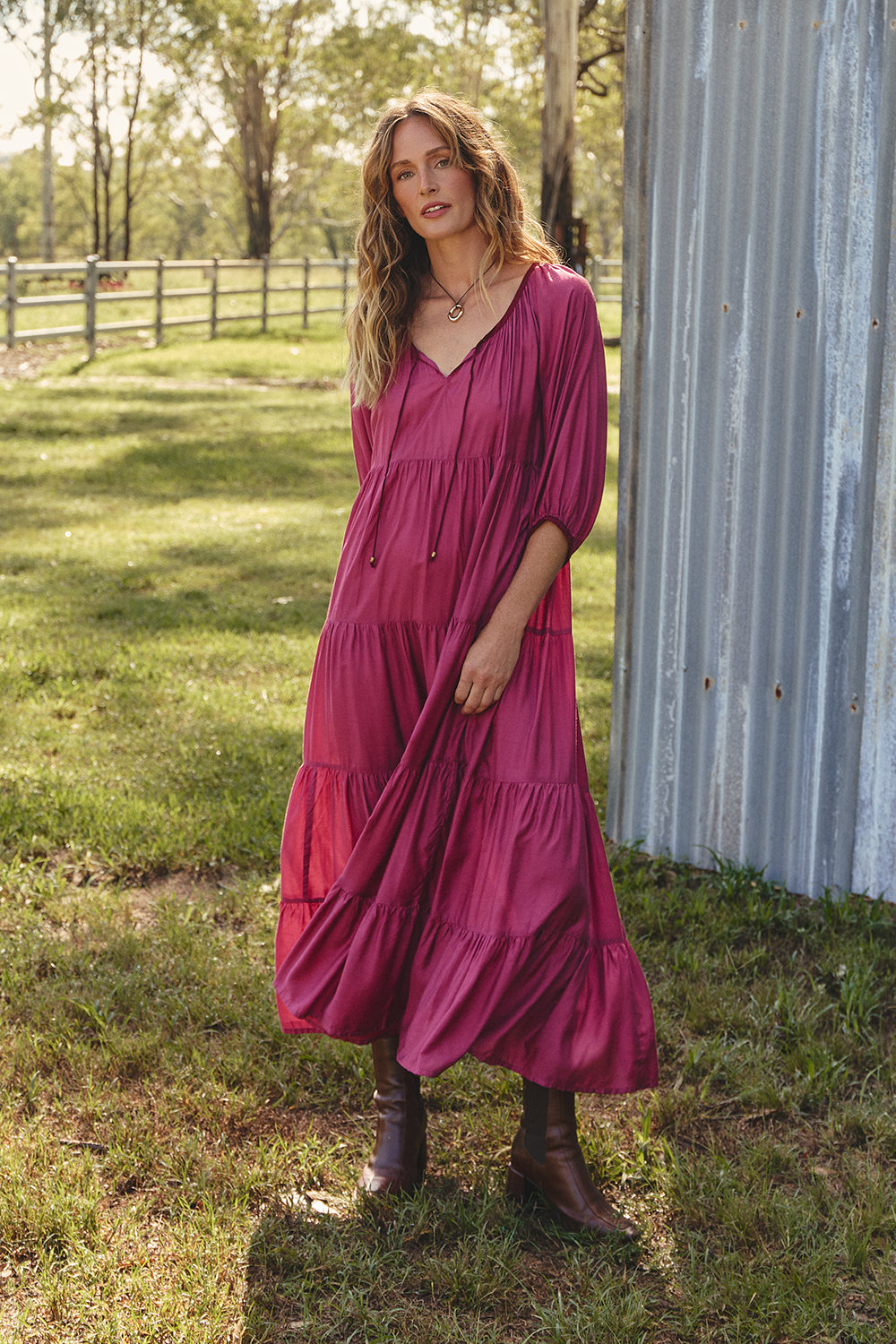 Layla Cotton Silk Tiered Dress in Rose Wine