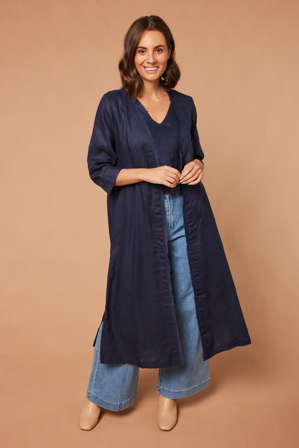 Long Line Fringed Linen Duster Jacket in Navy