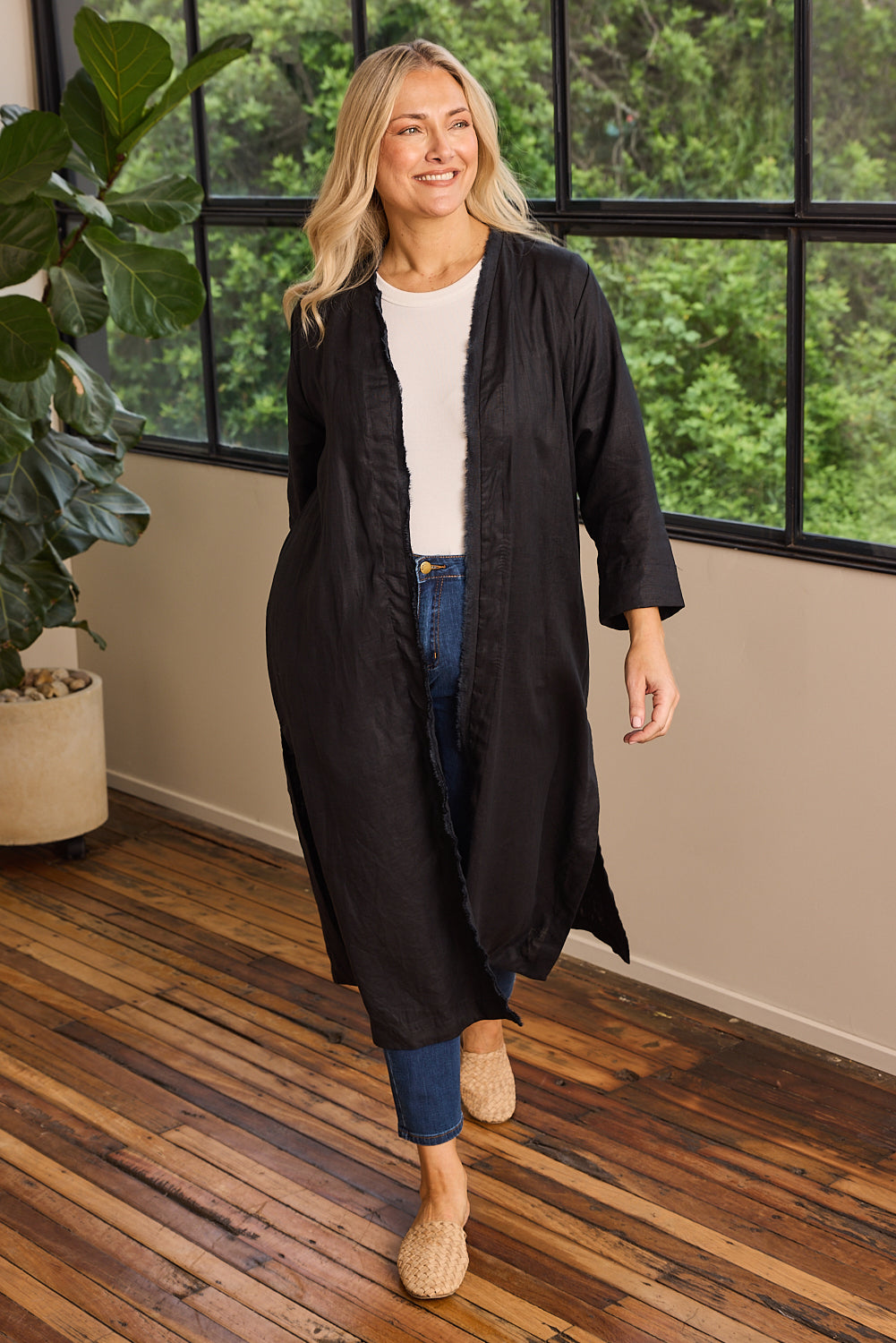 Long Line Fringed Linen Duster Jacket in Black