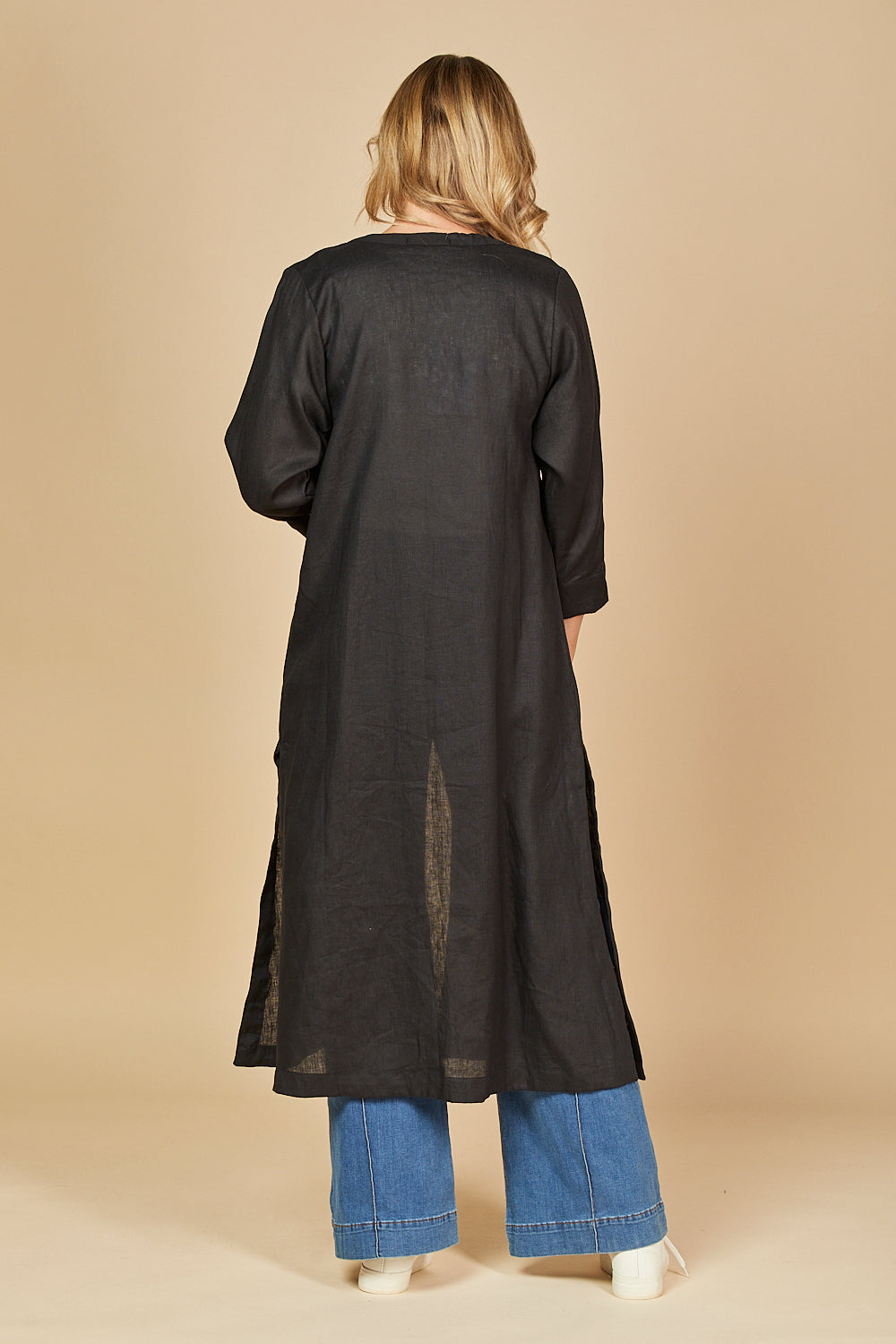 Long Line Linen Duster Jacket in Black