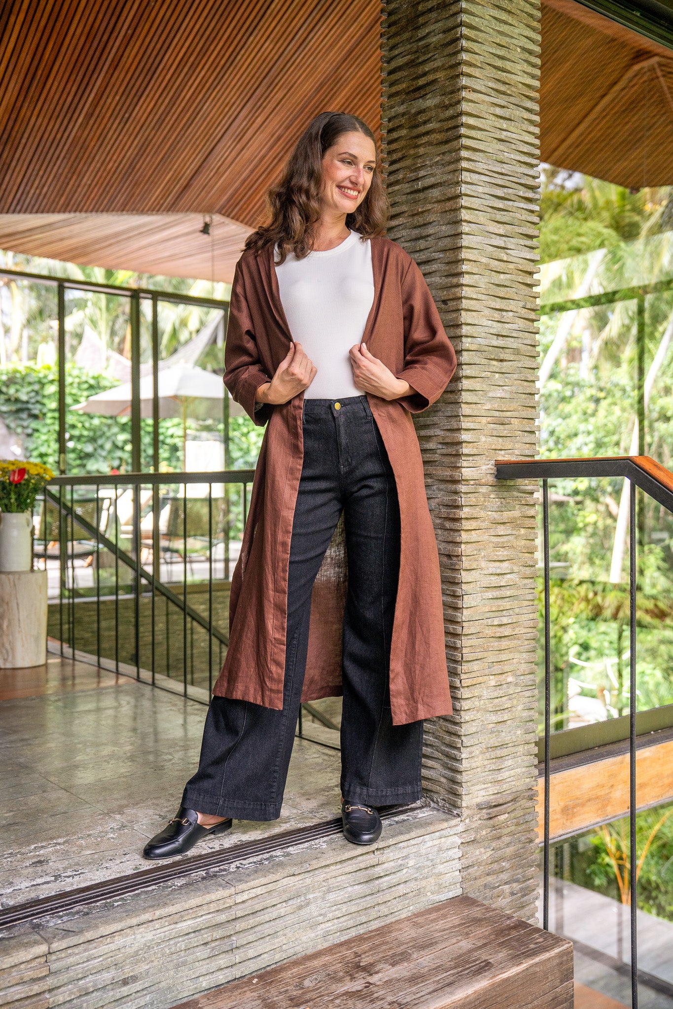 Long Line Linen Duster Jacket in Raisin