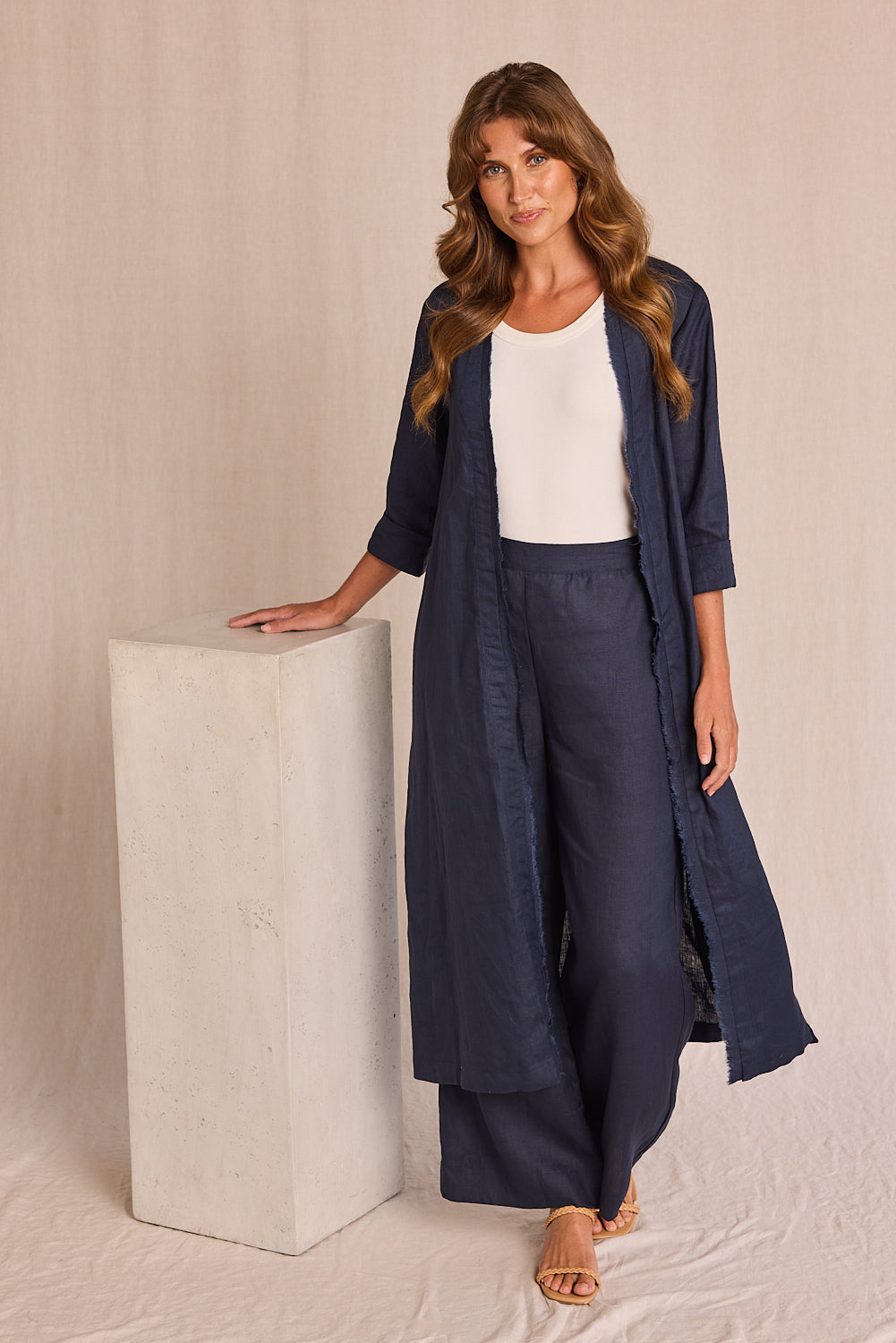 Camille Linen Wide Leg Pant in Navy