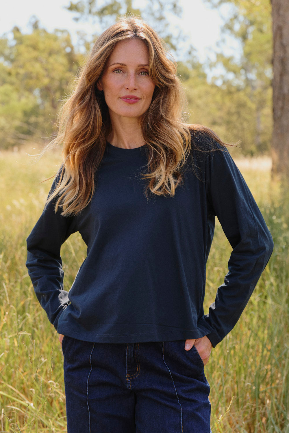 Long Sleeve Round Neck Classic T-Shirt in Navy, Tee - Adrift Clothing