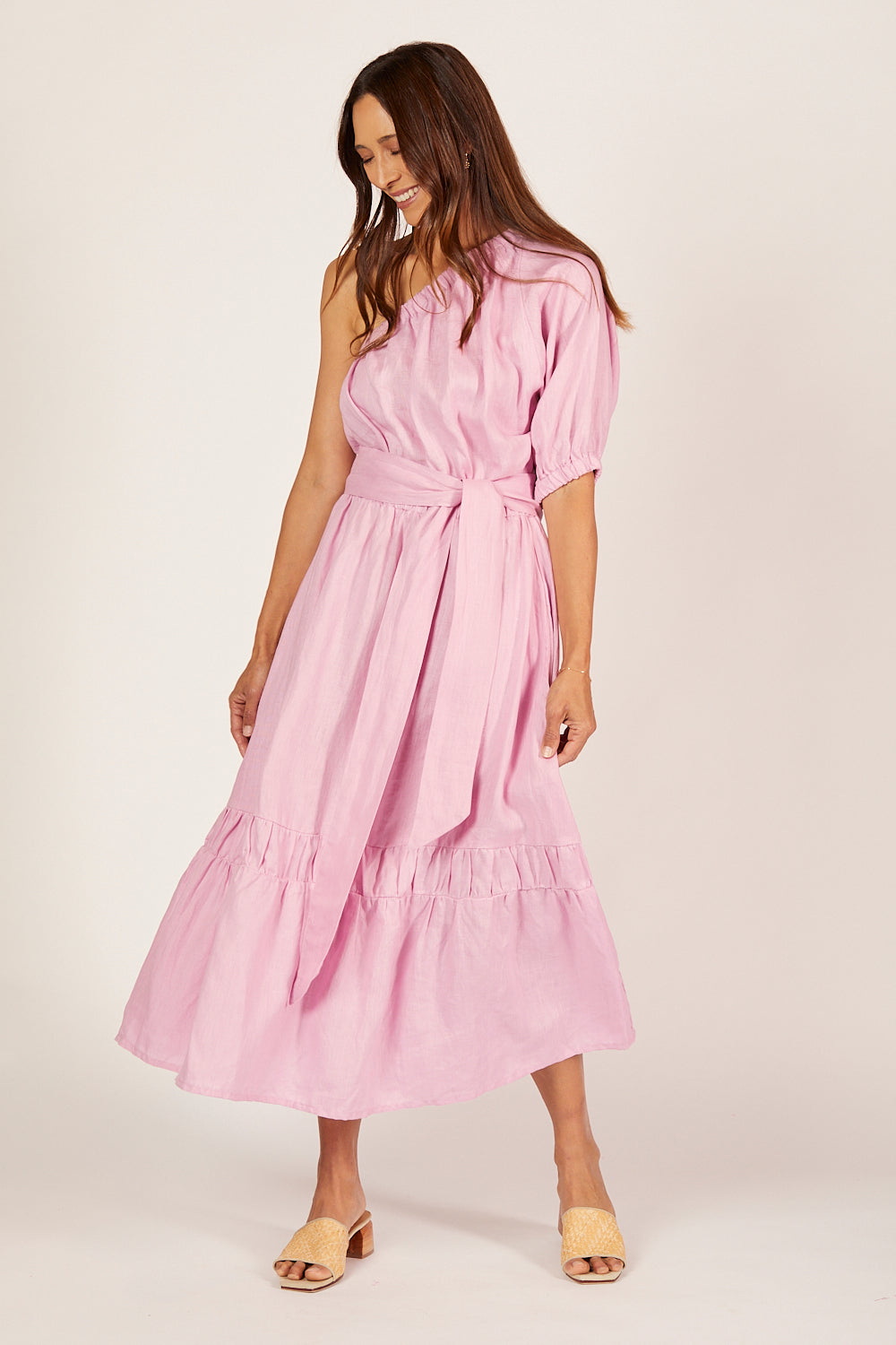 Lou Lou Linen One Shoulder Dress in Peony