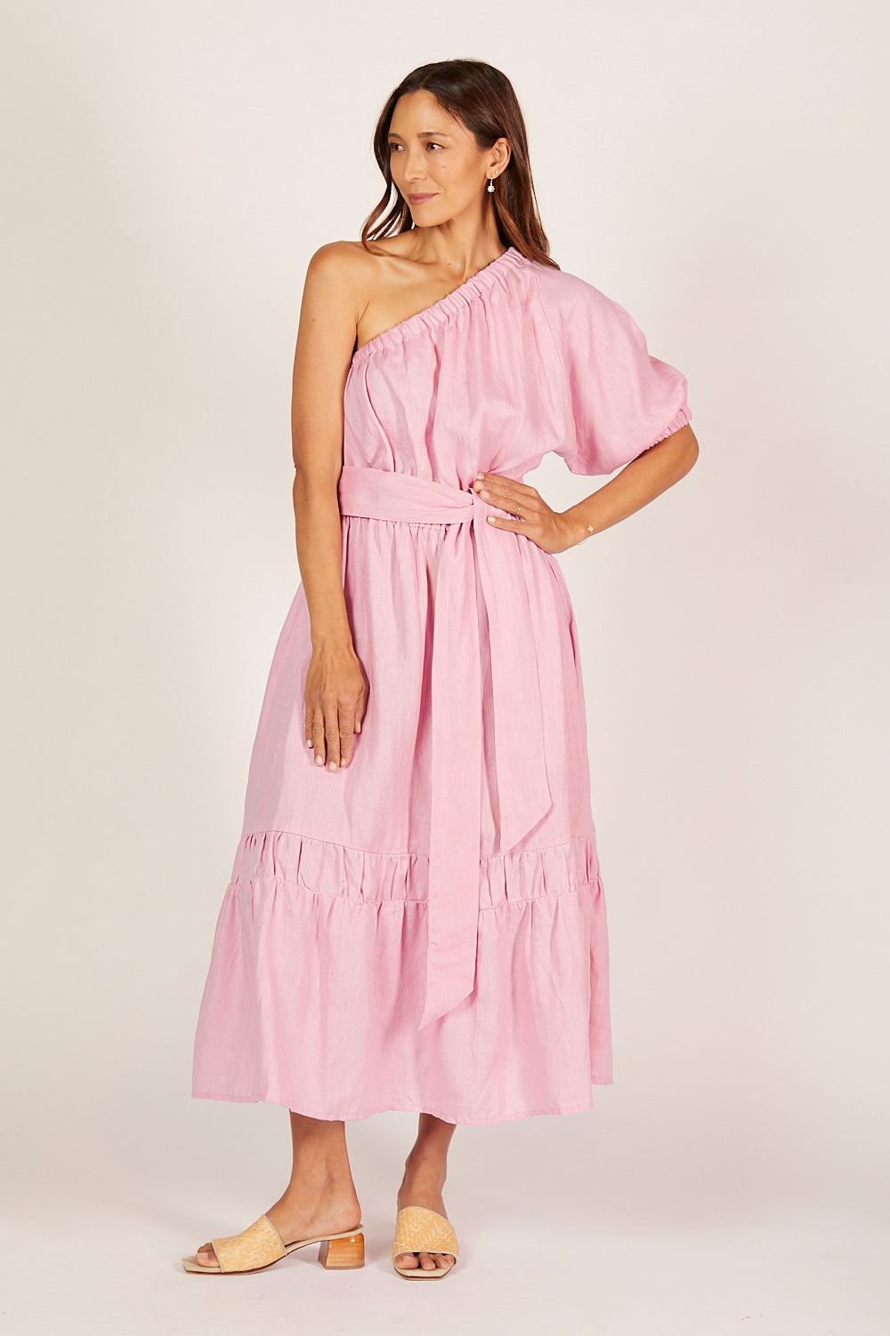 Lou Lou Linen One Shoulder Dress in Peony