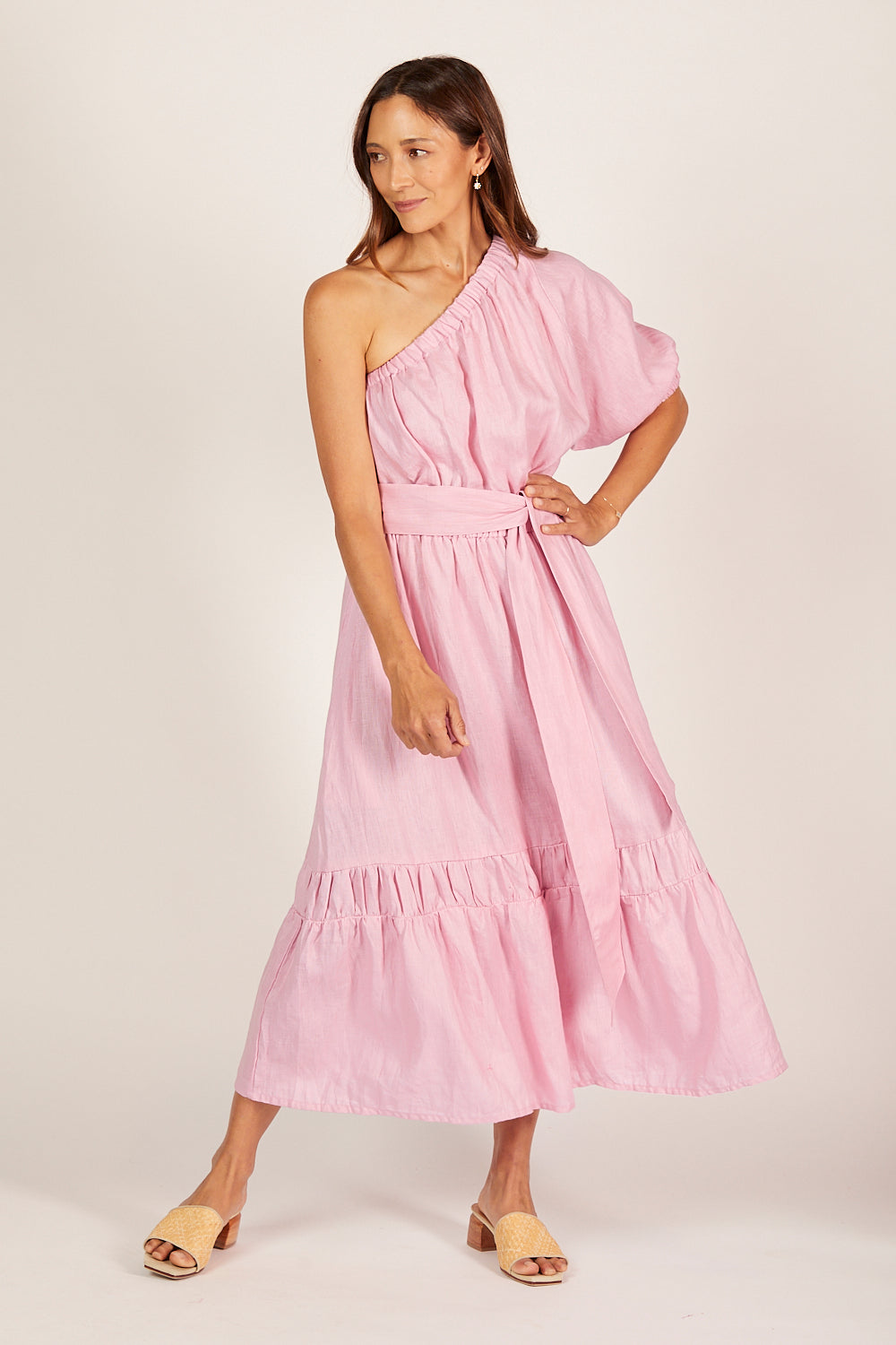 Lou Lou Linen One Shoulder Dress in Peony