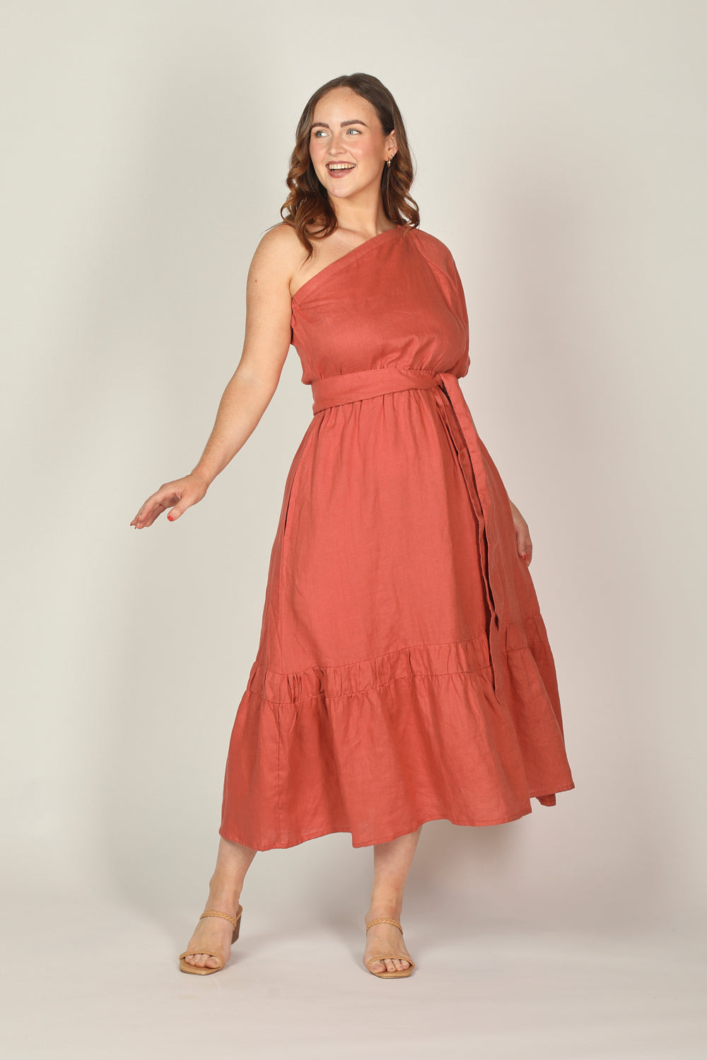 Lou Lou One Shoulder Linen Dress in Desert Rose