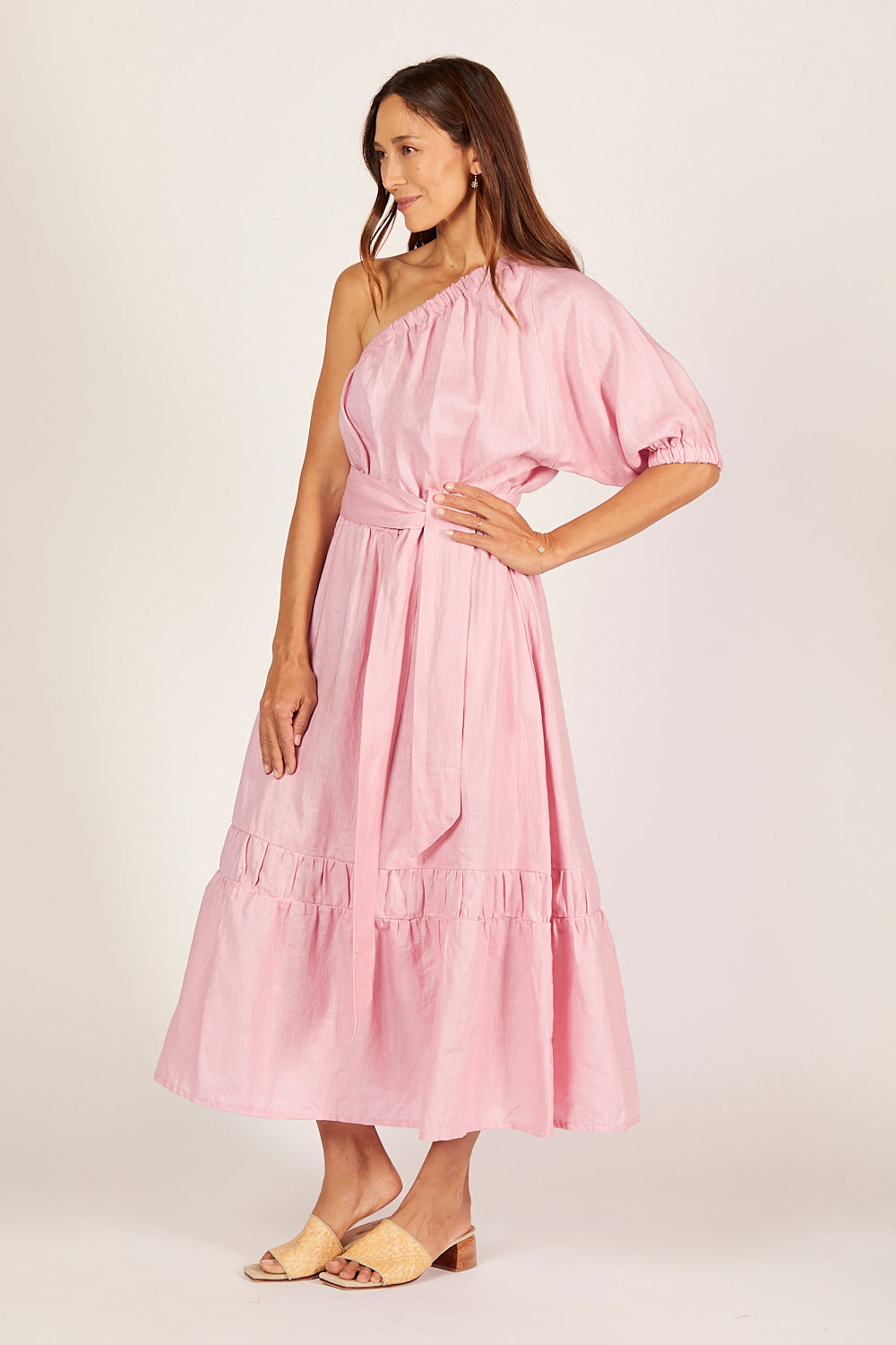 Lou Lou Linen One Shoulder Dress in Peony