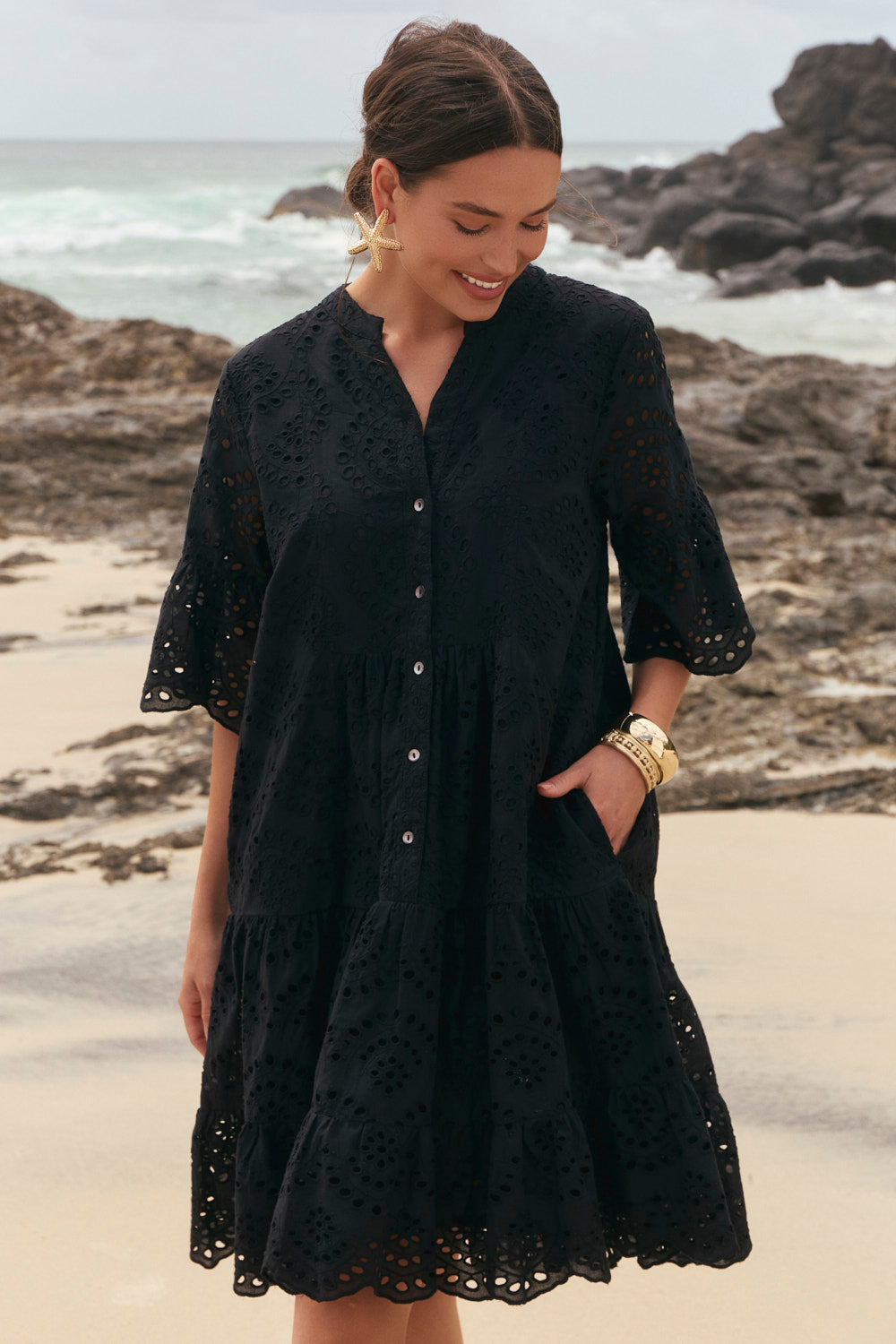 Lynette Shift Dress in Black Broderie