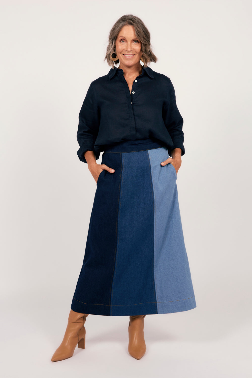 Maddy Denim Maxi Skirt in Patchwork