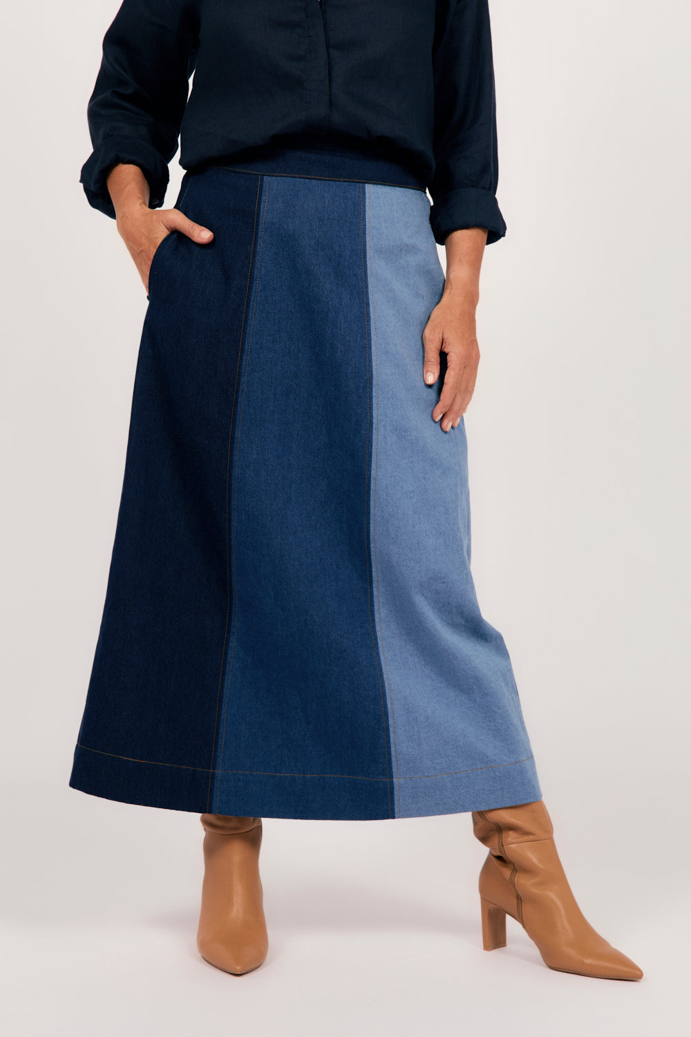 Maddy Denim Maxi Skirt in Patchwork