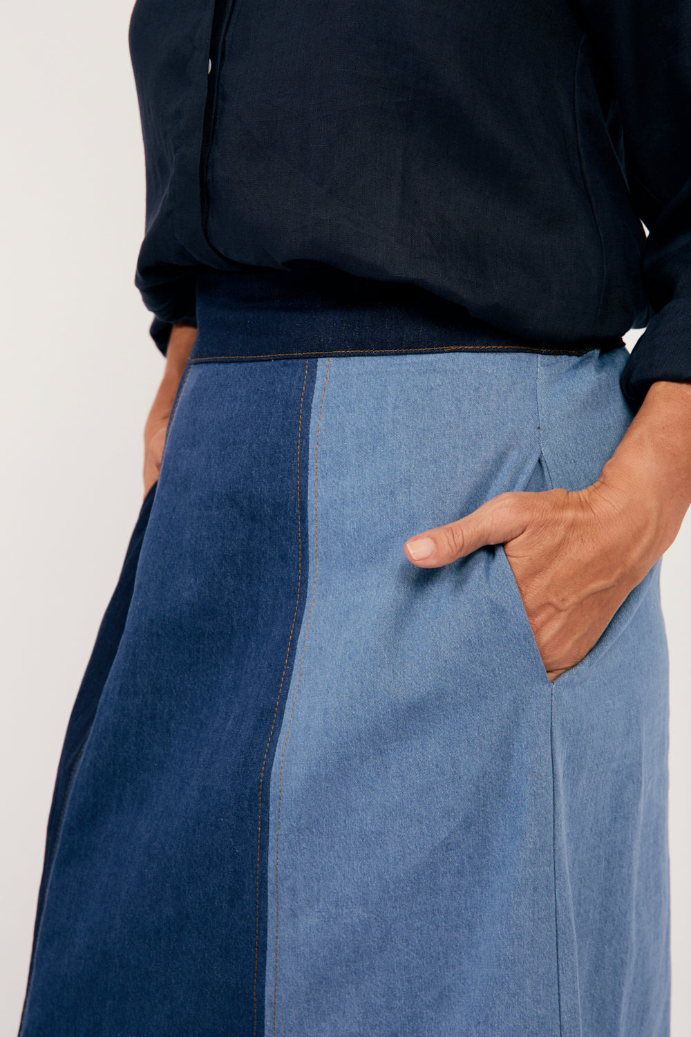 Maddy Denim Maxi Skirt in Patchwork