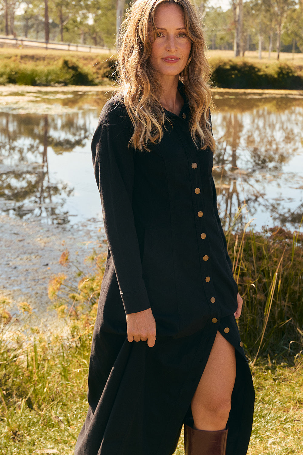 Maya Collared Dress in Black, Midi Dress - Adrift Clothing