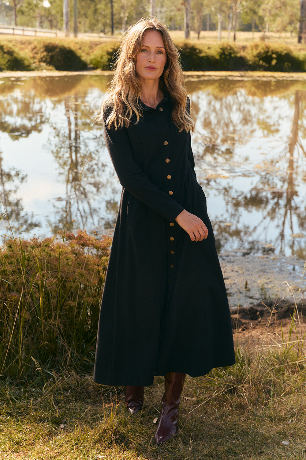 Maya Collared Dress in Black, Midi Dress - Adrift Clothing