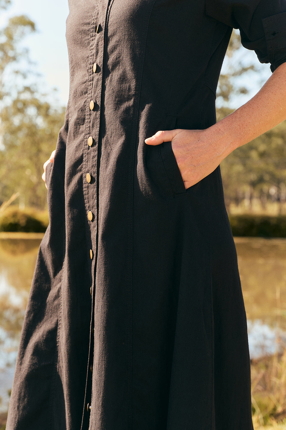 Maya Collared Dress in Black, Midi Dress - Adrift Clothing