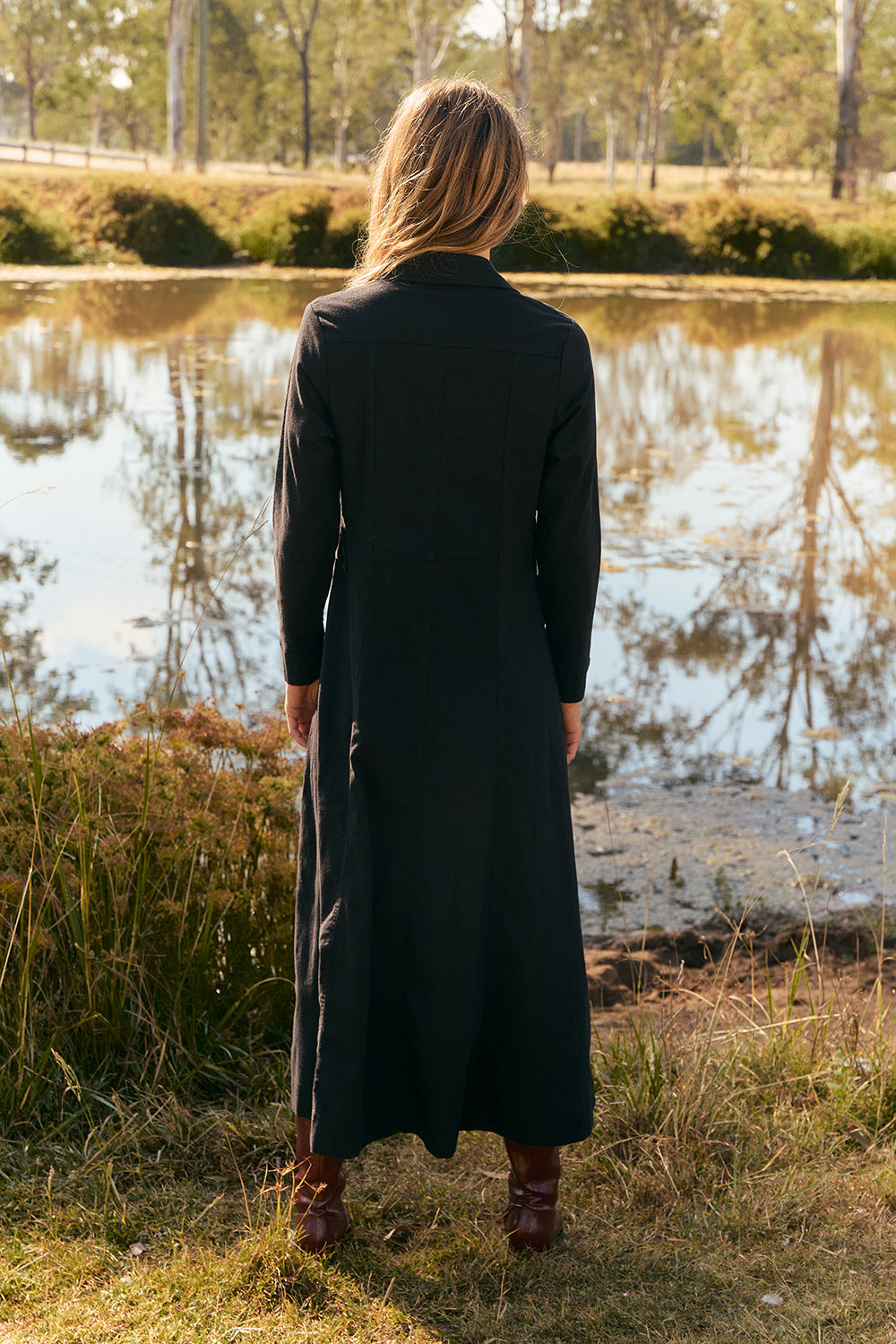 Maya Collared Dress in Black, Midi Dress - Adrift Clothing