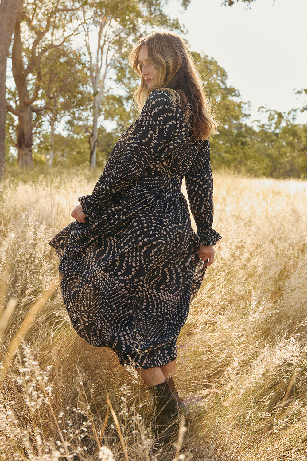 Maye Frill Dress in Wild Jasmine featuring removable belt and elasticised waist, Australian womenswear by Adrift