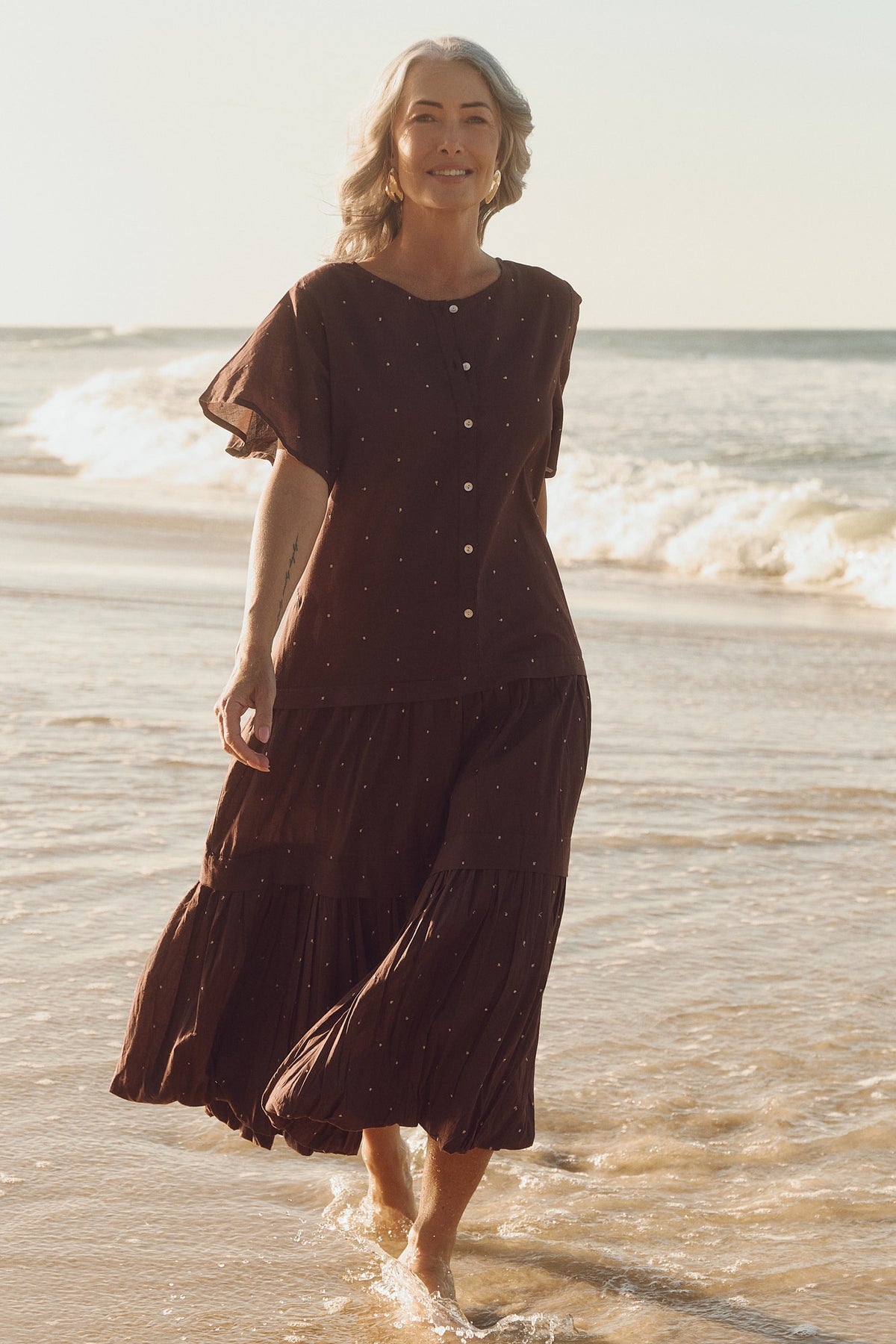 Millie Reversible Flutter Sleeve Dress in Chocolate Aurum