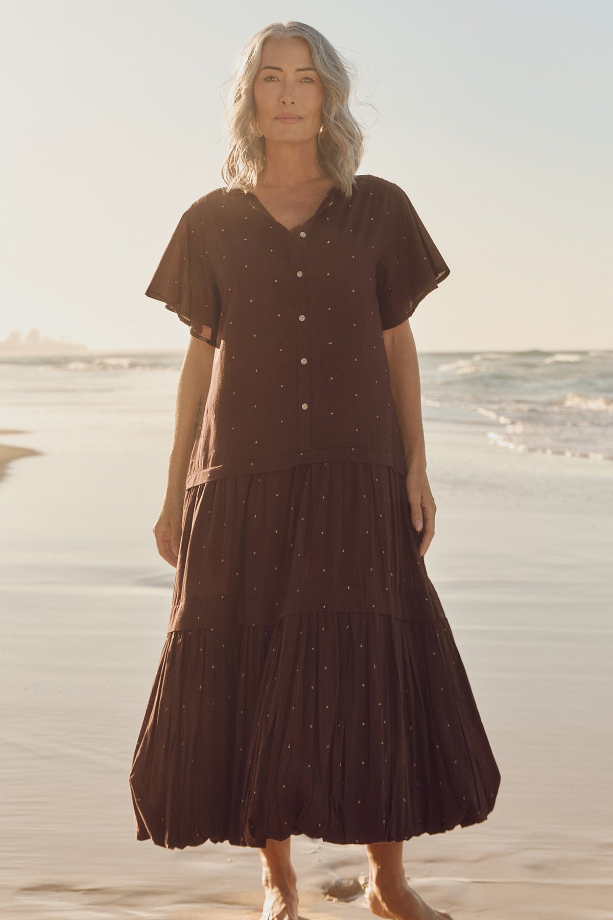 Millie Reversible Flutter Sleeve Dress in Chocolate Aurum