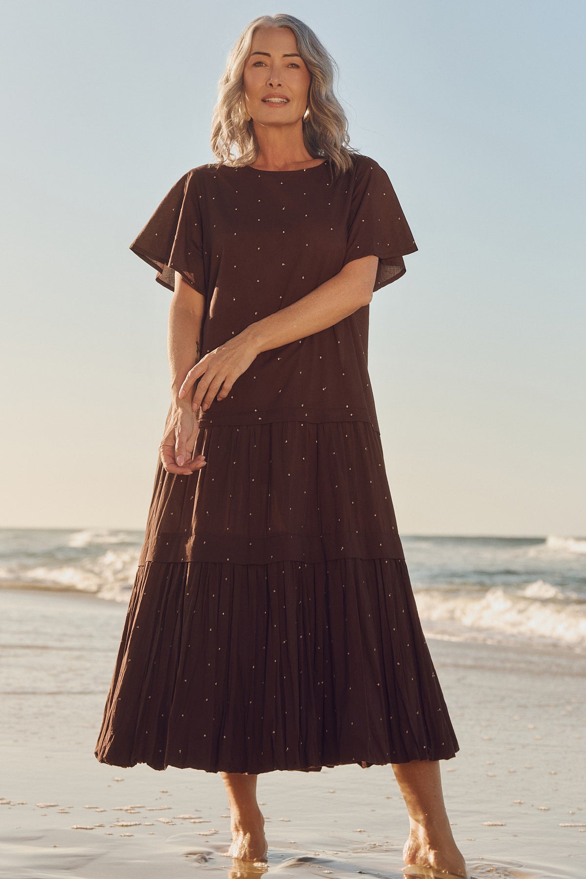 Millie Reversible Flutter Sleeve Dress in Chocolate Aurum