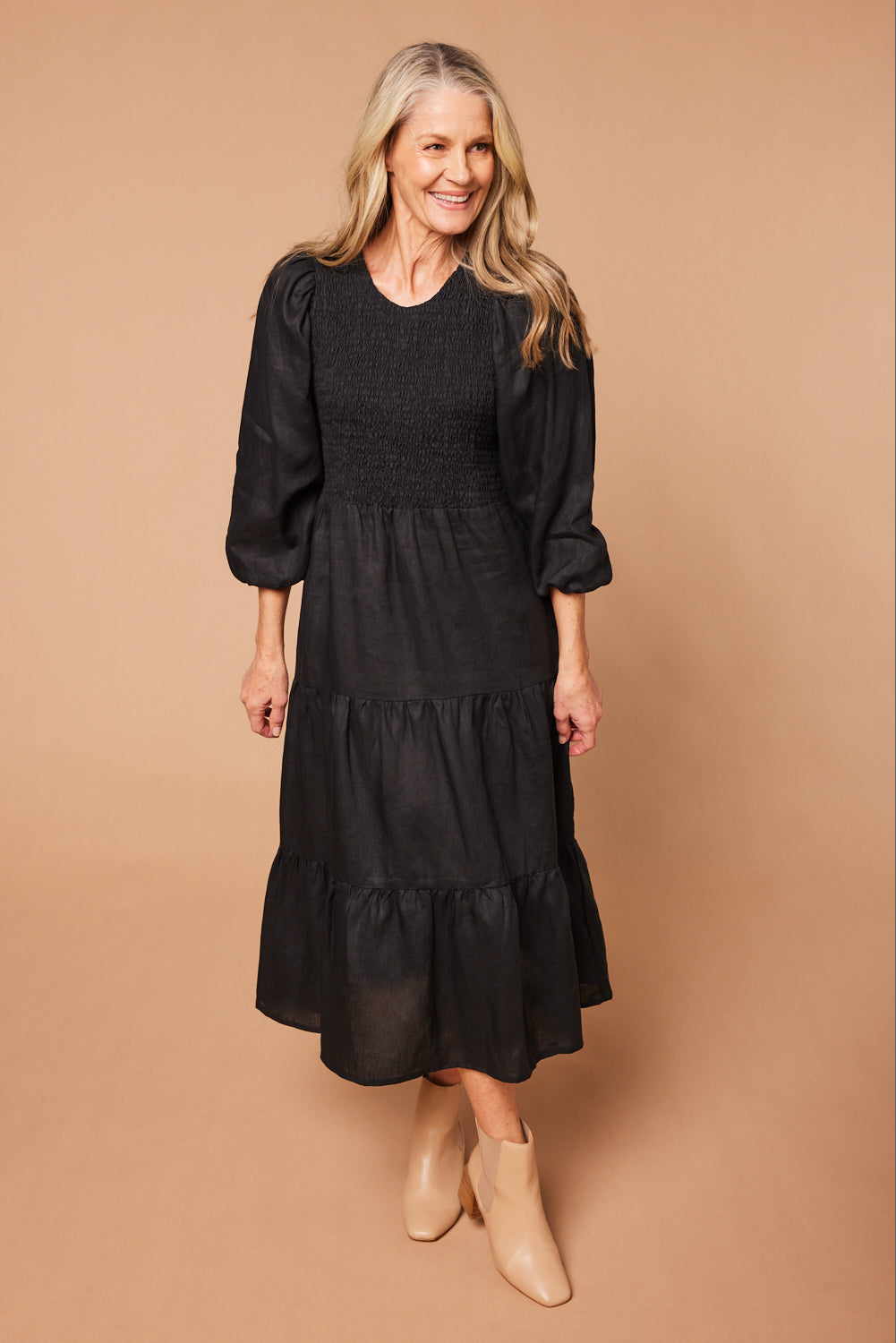 Minden Linen Shirred Dress in Black (7131704918090) _mature