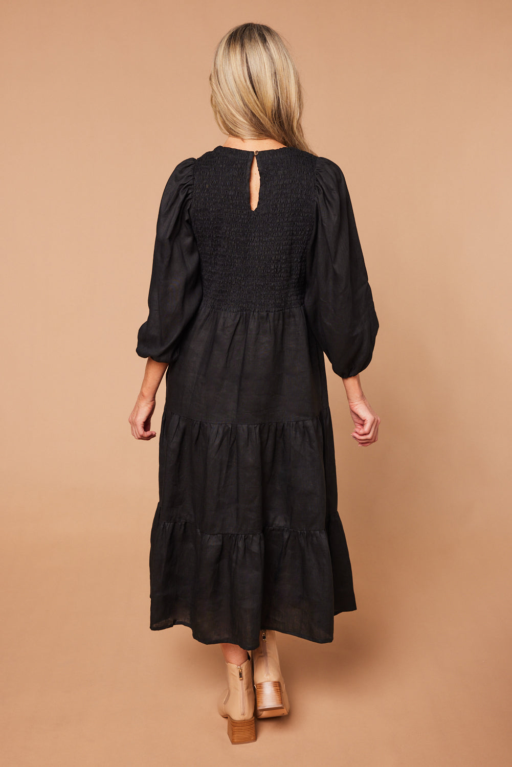 Minden Linen Shirred Dress in Black (7131704918090)