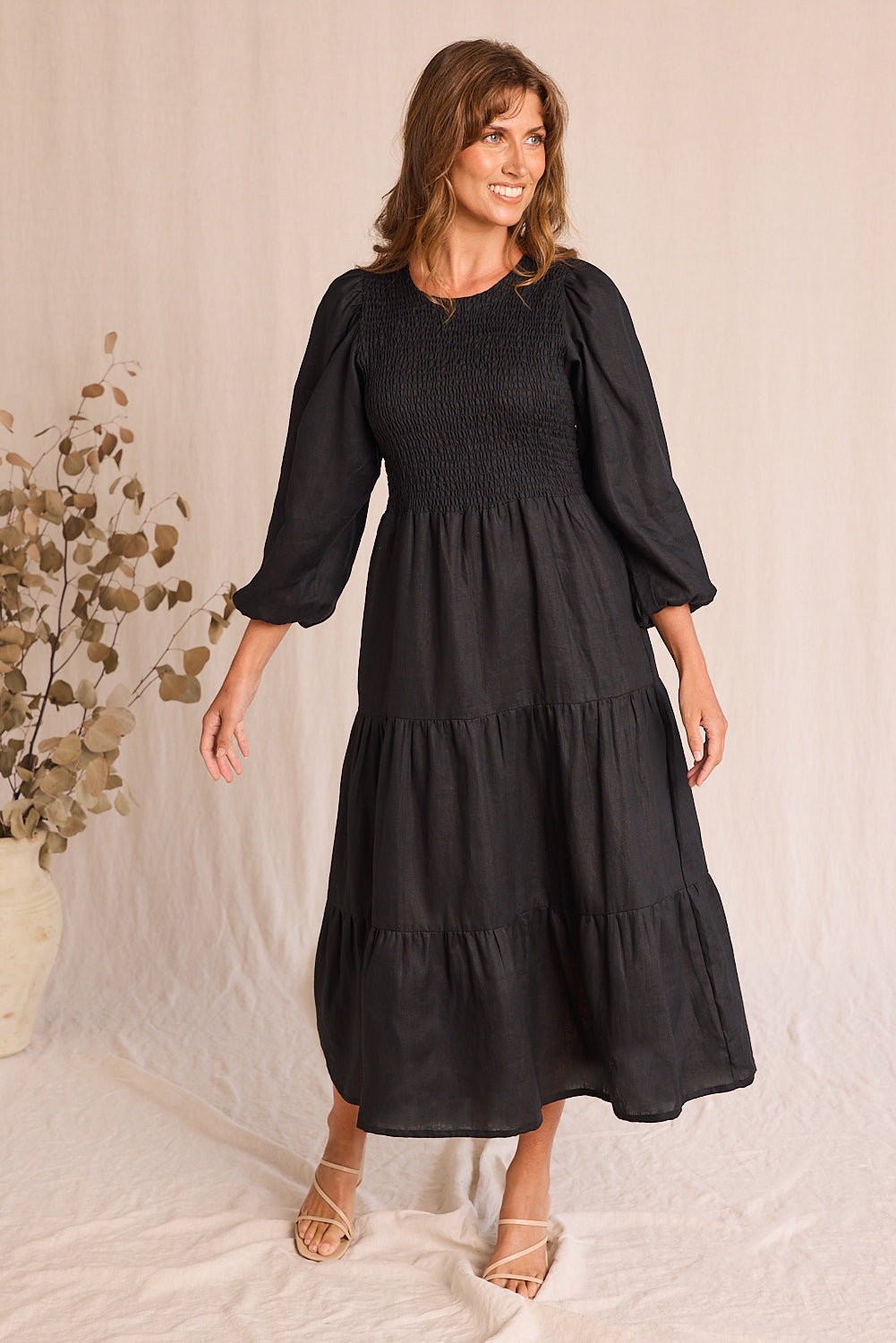 Minden Linen Long Sleeve Shirred Dress in Black