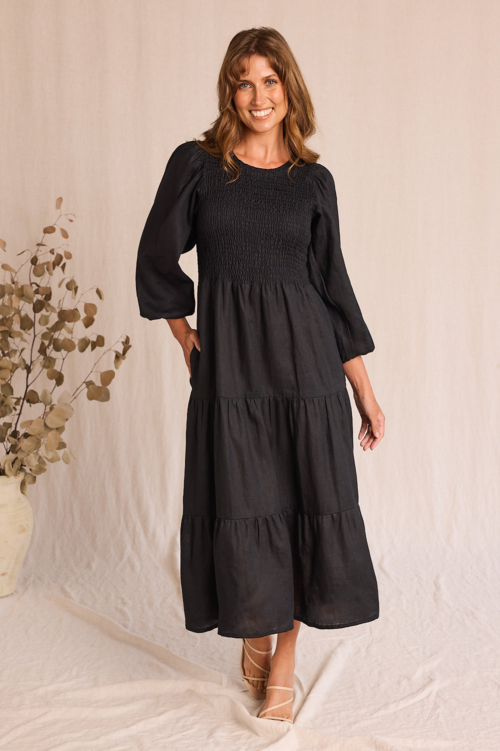 Minden Linen Long Sleeve Shirred Dress in Black