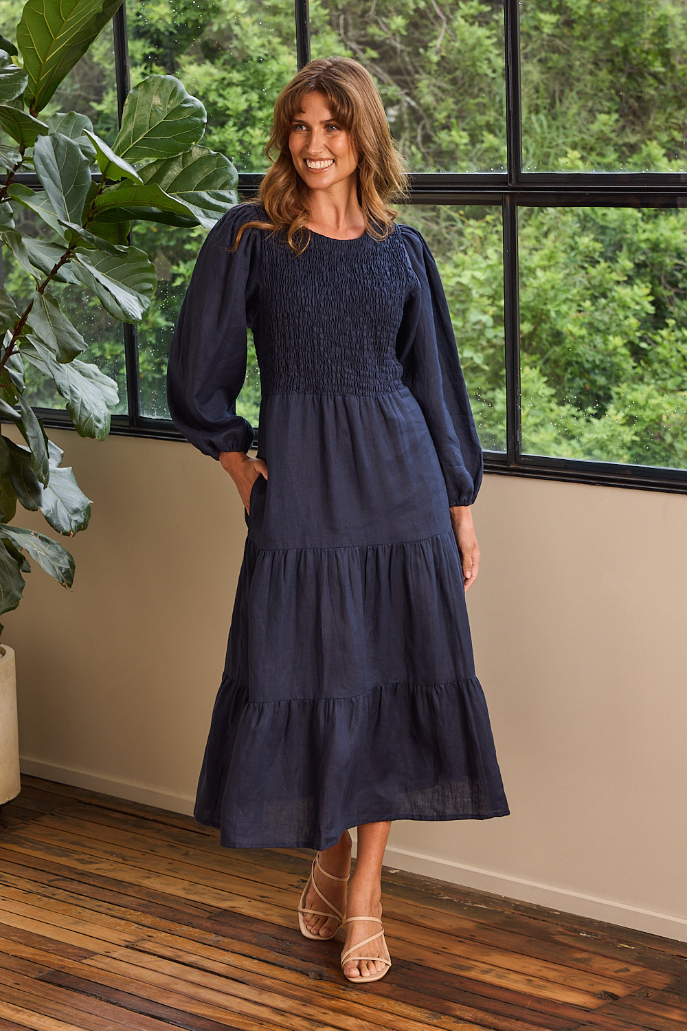 Minden Linen Long Sleeve Shirred Dress in Navy