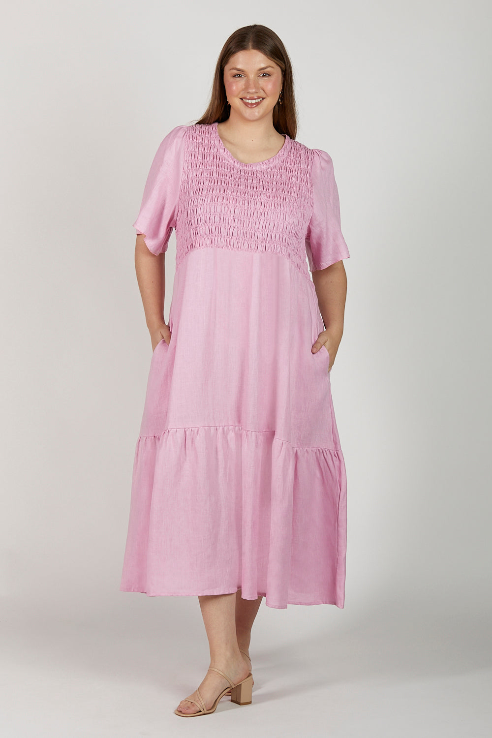 Minden Linen Shirred Dress in Peony