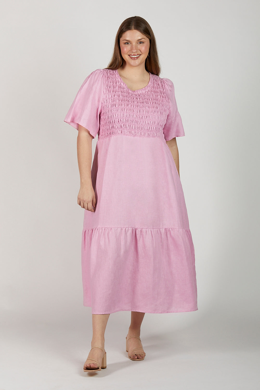 Minden Linen Shirred Dress in Peony