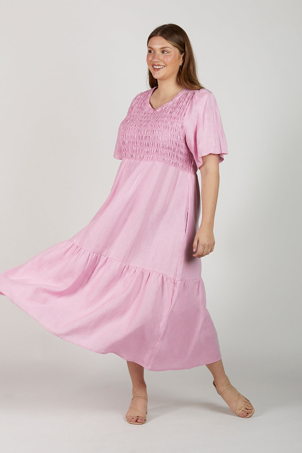 Minden Linen Shirred Dress in Peony