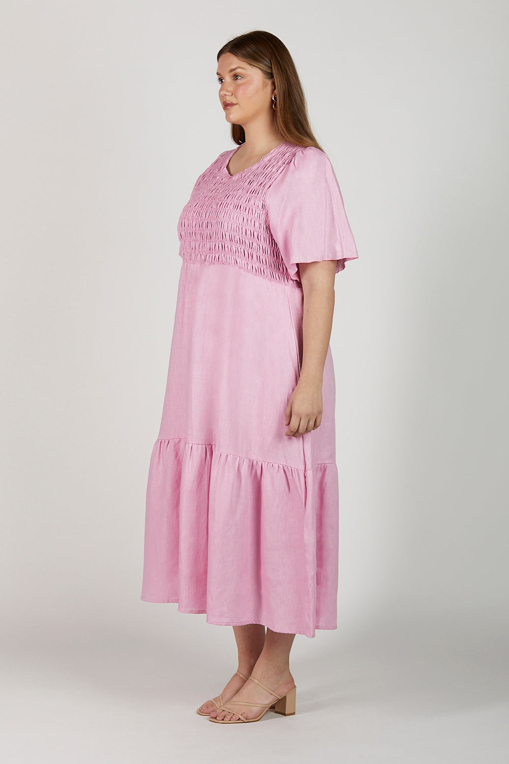 Minden Linen Shirred Dress in Peony